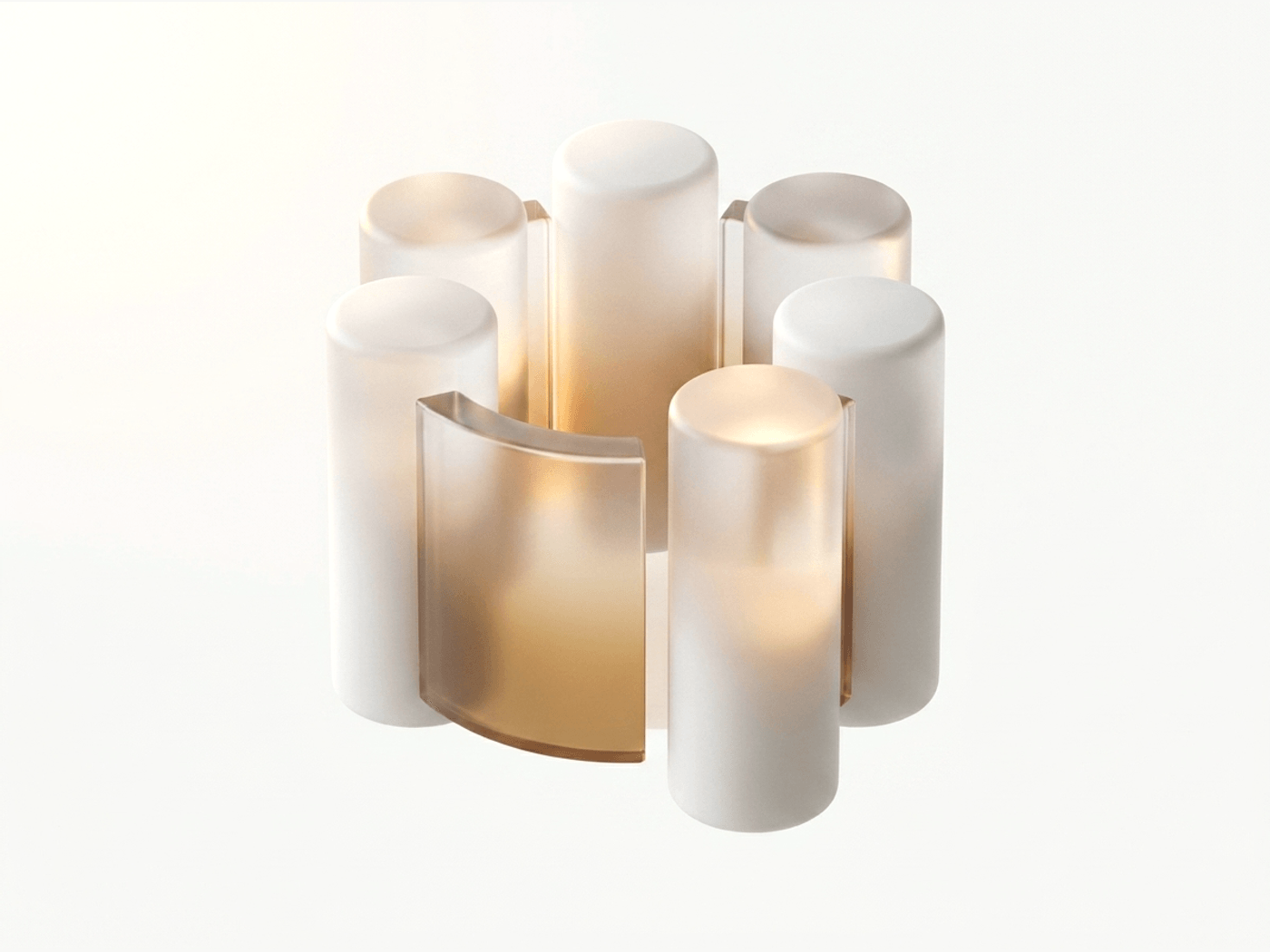 A ring of glass columns lit from a warm centre, with one place held open at the front