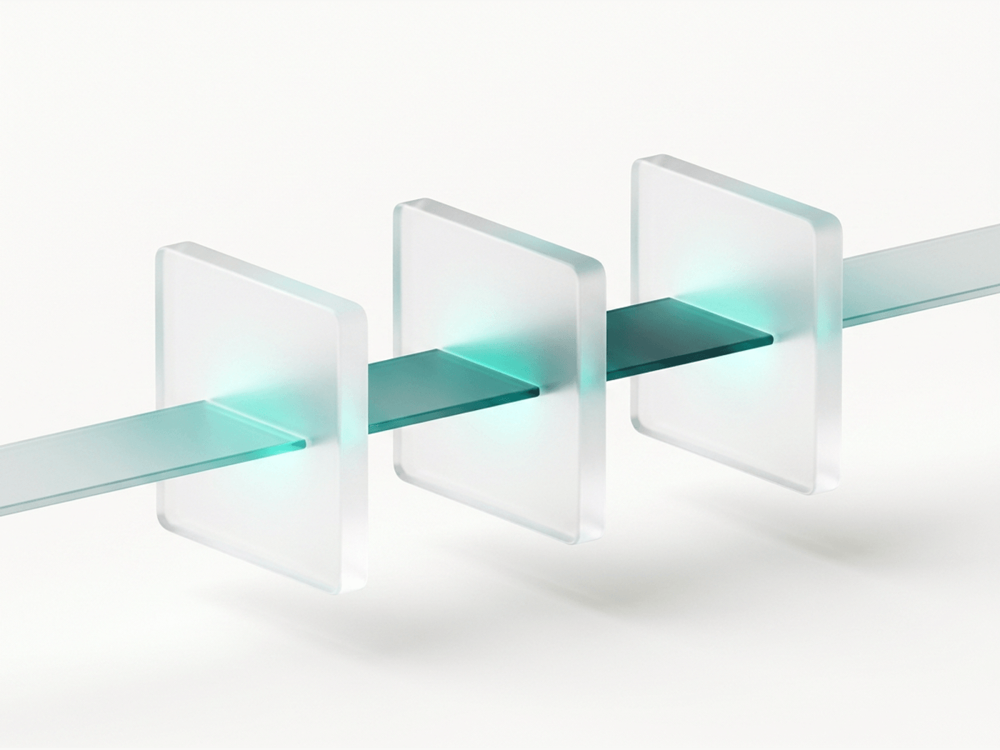 A ribbon of teal light passing through three separate glass panels, aligning them into one plane