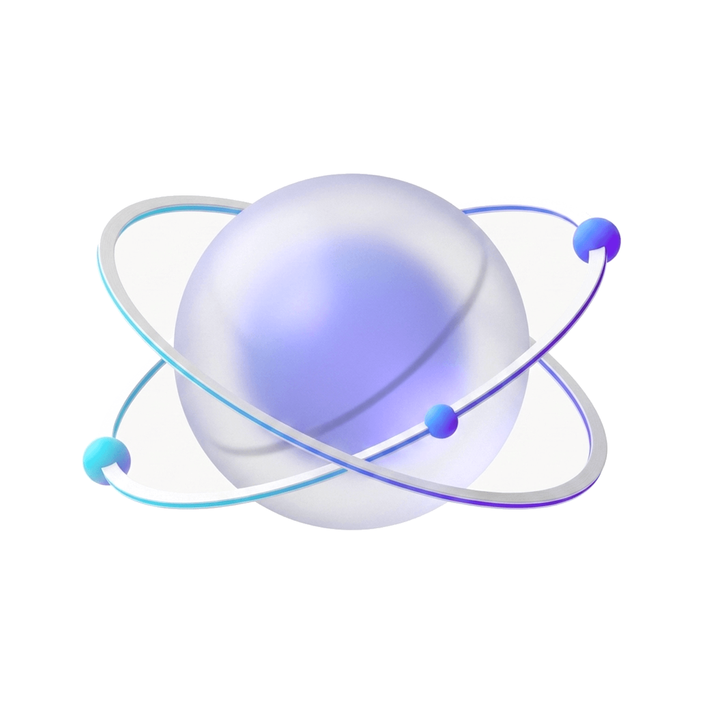 A glowing glass core held inside two orbiting rings — emerging technology embedded in an enterprise