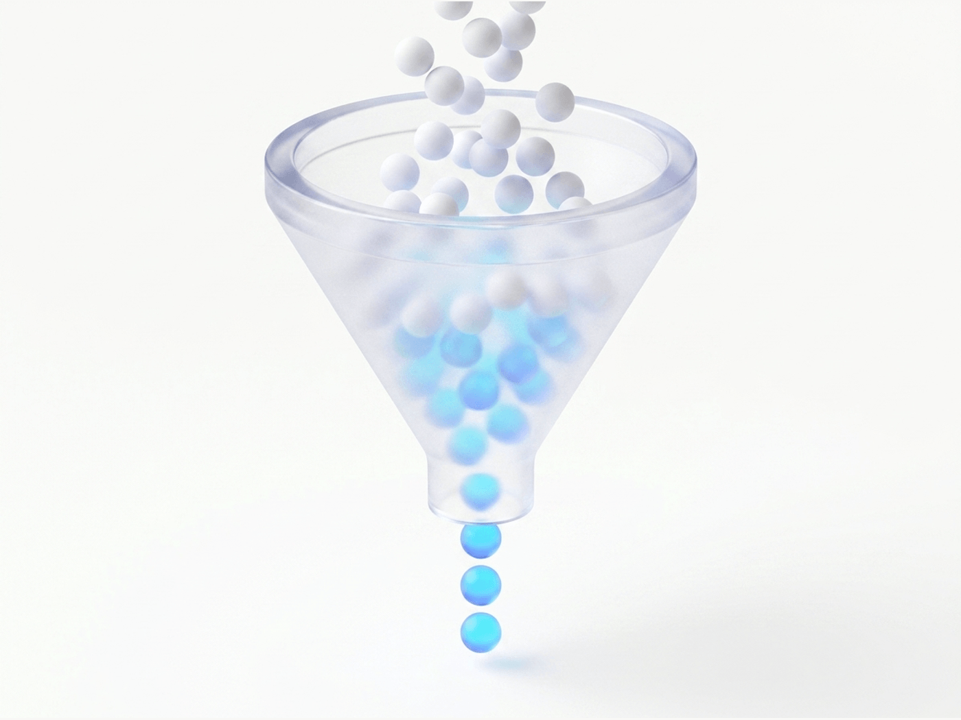 A glass funnel turning a disordered stream of spheres into one evenly spaced line — sourcing on autopilot