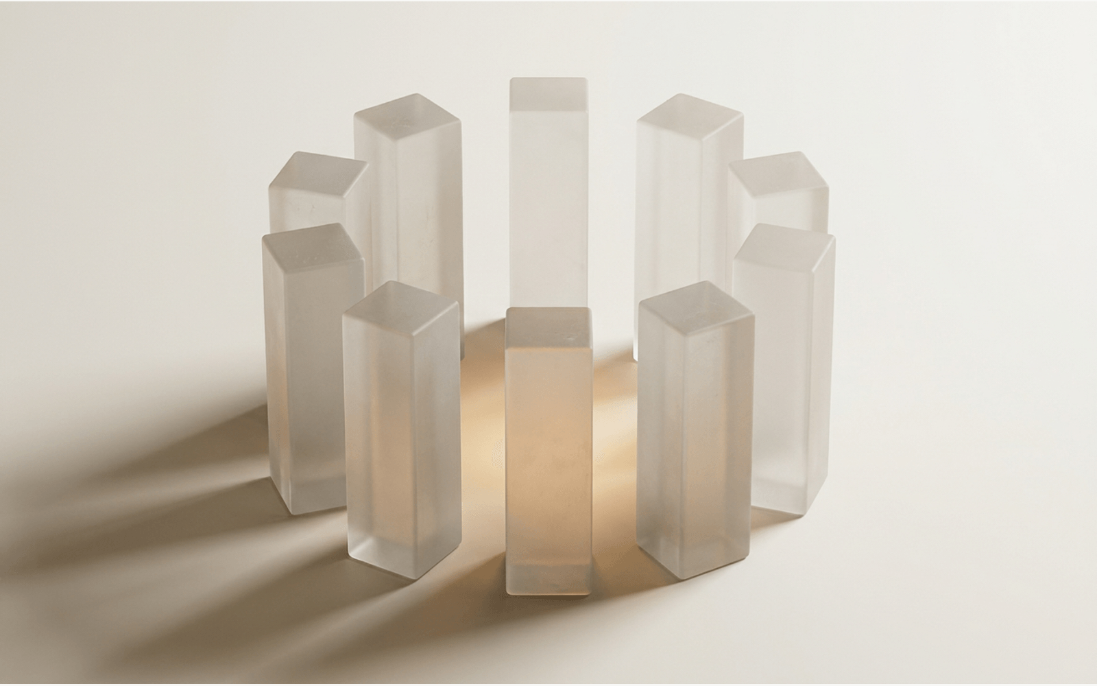 A ring of glass columns lit from a single warm centre — a closed peer group of founders